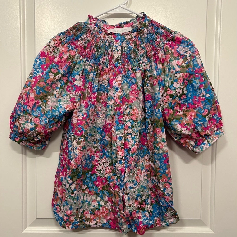 SUGARLIPS Avery Blossom Floral Smocked Mock Neck Top in Dusty Pink Size Small